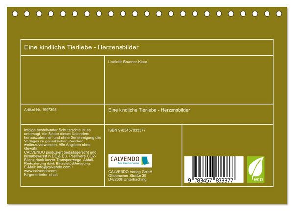 Produktbild: Eine kindliche Tierliebe - Herzensbilder (Tischkalender 2026 DIN A5 quer), CALVENDO Monatskalender