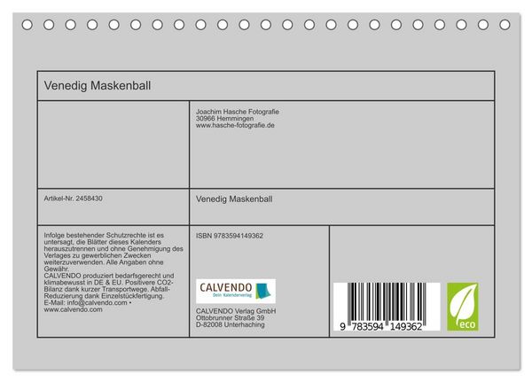 Produktbild: Venedig Maskenball (Tischkalender 2027 DIN A5 quer), CALVENDO Monatskalender