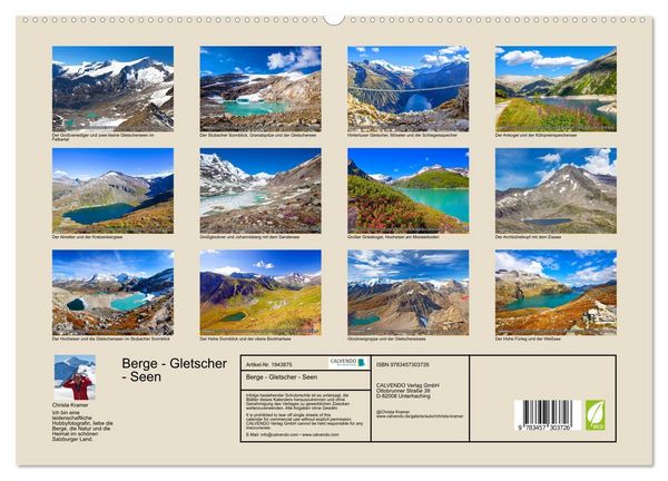 Produktbild: Berge - Gletscher - Seen (hochwertiger Premium Wandkalender 2026 DIN A2 quer), Kunstdruck in Hochglanz