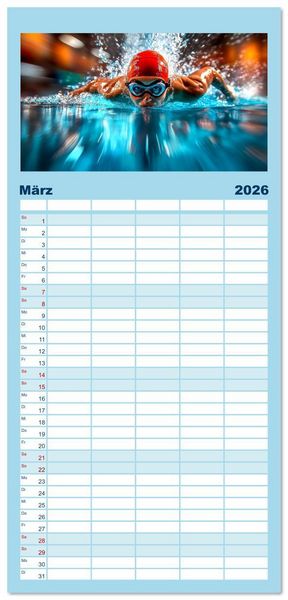 Produktbild: Familienplaner 2026 - Schwimmen - Bahn f&uuml;r Bahn mit 5 Spalten (Wandkalender, 21 x 45 cm) CALVENDO