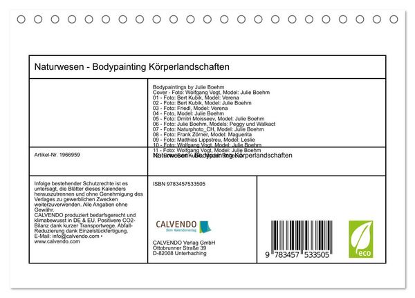 Produktbild: Naturwesen - Bodypainting K&ouml;rperlandschaften (Tischkalender 2026 DIN A5 quer), CALVENDO Monatskalender