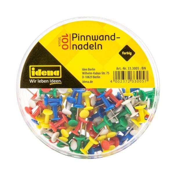 Produktbild: Idena Pinnwandnadeln mehrfarbig 100 St&uuml;ck Kunststoffbox