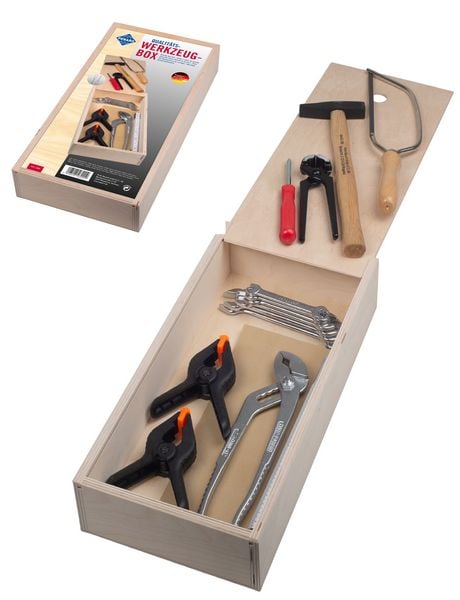 PEBARO 460 - Qualitäts-Werkzeugbox, 16 Teile, Holz-Werkzeugkasten mit Schiebedeckel