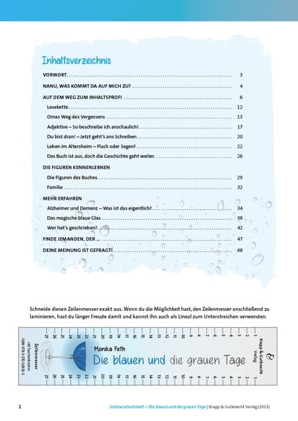 Produktbild: Die blauen und die grauen Tage &ndash; Monika Feth &ndash; Sch&uuml;lerarbeitsheft
