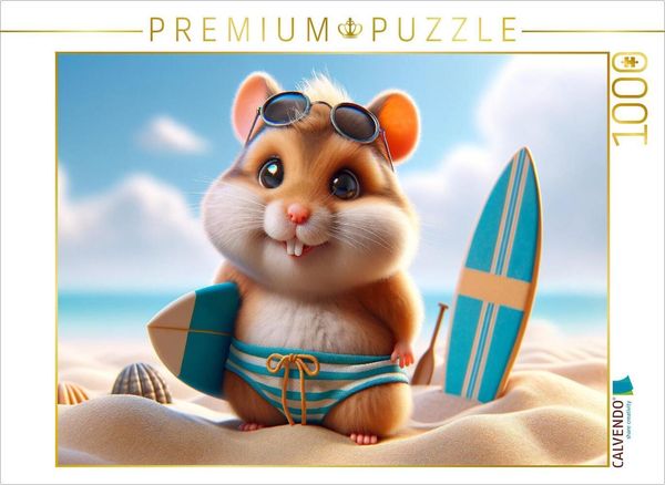 CALVENDO Puzzle Sonnige Strandtage: Der Surf-Hamster und sein Sandabenteuer | 1000 Teile Lege-Größe 64x48cm Foto-Puzzle für glückliche Stunden