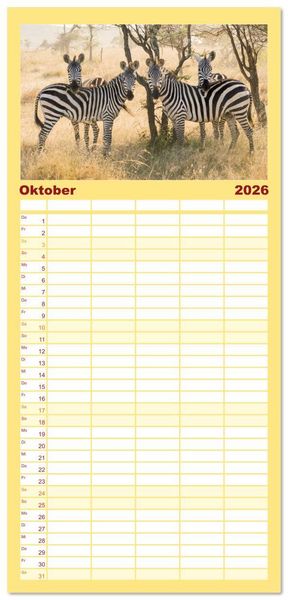 Produktbild: Familienplaner 2026 - Zebras - Die gestreiften Vierbeiner. mit 5 Spalten (Wandkalender, 21 x 45 cm) CALVENDO