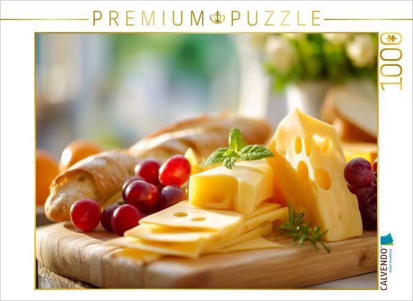 CALVENDO Puzzle Schweizer Emmentaler Käse mit Trauben und Baguette | 1000 Teile Lege-Größe 64x48cm Foto-Puzzle für glückliche Stunden