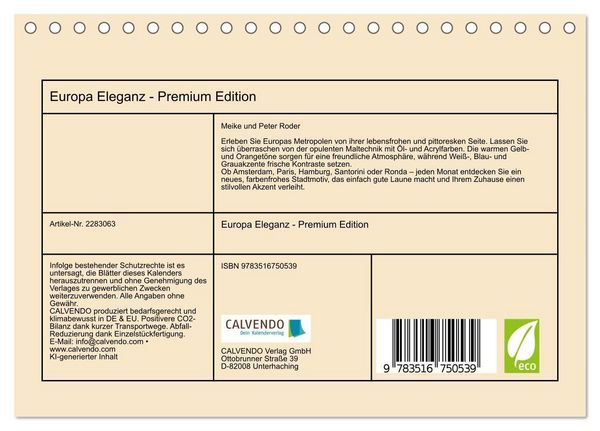 Produktbild: Europa Eleganz - Premium Edition (Tischkalender 2027 DIN A5 quer), CALVENDO Monatskalender