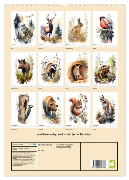 Produktbild: Waldtiere in Aquarell - Heimische Tierarten (hochwertiger Premium Wandkalender 2026 DIN A2 hoch), Kunstdruck in Hochglanz