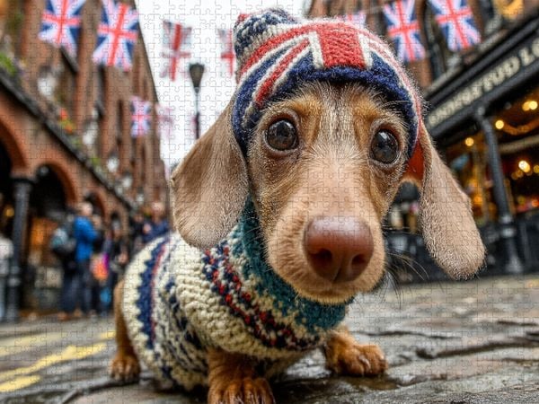 Produktbild: CALVENDO Puzzle S&uuml;&szlig;er Dackel in London - witziges Hundepuzzle f&uuml;r Fans von Gro&szlig;britannien | 1000 Teile Lege-Gr&ouml;&szlig;e 64x48cm Foto-Puzzle f&uuml;r gl&uuml;ckliche Stunden