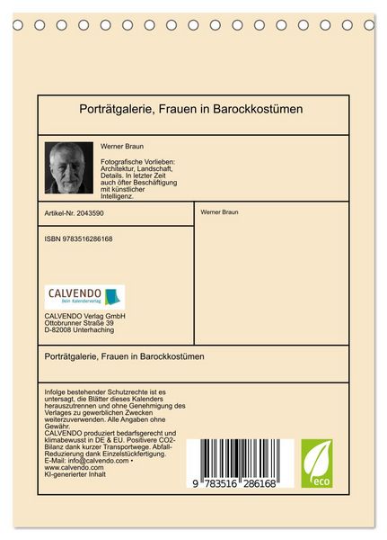 Produktbild: Portr&auml;tgalerie, Frauen in Barockkost&uuml;men (Tischkalender 2026 DIN A5 hoch), CALVENDO Monatskalender