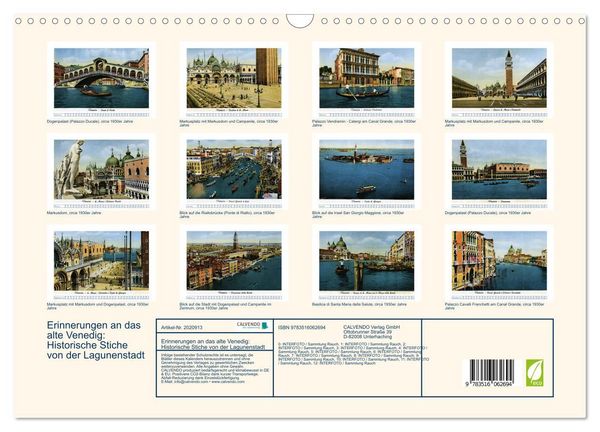 Produktbild: Erinnerungen an das alte Venedig: Historische Stiche von der Lagunenstadt (Wandkalender 2026 DIN A3 quer), CALVENDO Monatskalender