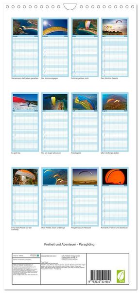 Produktbild: Familienplaner 2026 - Freiheit und Abenteuer - Paragliding mit 5 Spalten (Wandkalender, 21 x 45 cm) CALVENDO