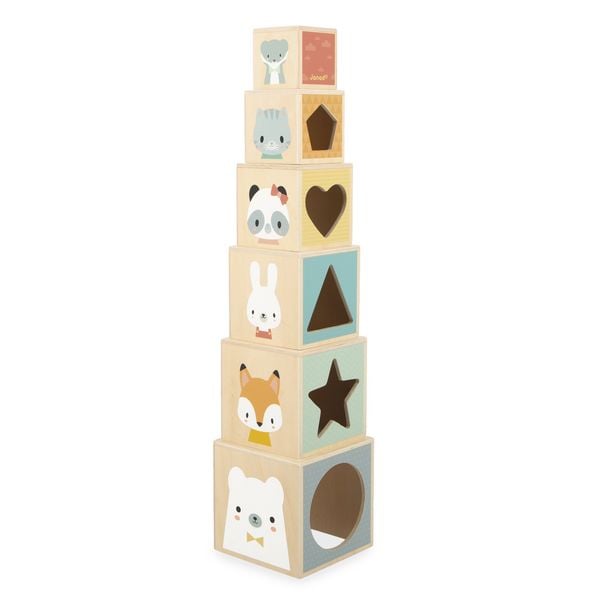 Produktbild: Holz-Stapelpyramide mit W&uuml;rfeln & Steckformen &ndash; Lernspiel ab 12 Monaten