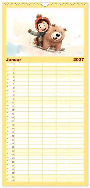 Produktbild: Familienplaner 2027 - B&auml;rige Illustrationen mit 5 Spalten (Wandkalender, 21 x 45 cm) CALVENDO