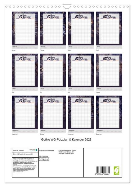 Produktbild: Gothic WG-Putzplan & Kalender 2026 (Wandkalender 2026 DIN A3 hoch), CALVENDO Monatskalender