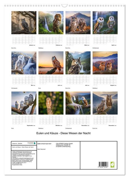 Produktbild: Eulen und K&auml;uze - Diese Wesen der Nacht (Wandkalender 2026 DIN A2 hoch), CALVENDO Monatskalender