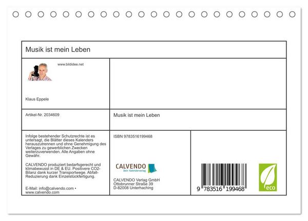 Produktbild: Musik ist mein Leben (Tischkalender 2026 DIN A5 quer), CALVENDO Monatskalender