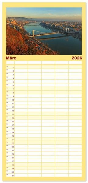 Produktbild: Familienplaner 2026 - Romantisches Budapest - Ungarns sch&ouml;ne Hauptstadt an der Donau mit 5 Spalten (Wandkalender, 21 x 45 cm) CALVENDO