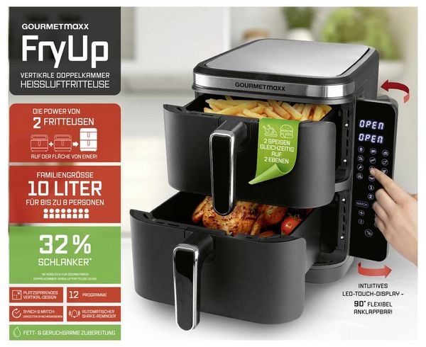 Produktbild: GourmetMaxx FryUp Vertical 15305 Hei&szlig;luft-Fritteuse 10 l 2800 W 2 getrennte Temperaturregler, Antihaftbeschichtung, digitaler Timer Schwarz