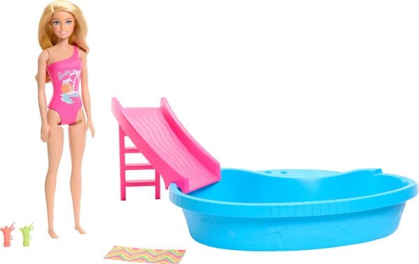 Produktbild: Barbie-Puppe und Pool Spielset, blonde Puppe mit Pool, Rutsche, Handtuch und Getränke-Accessoires