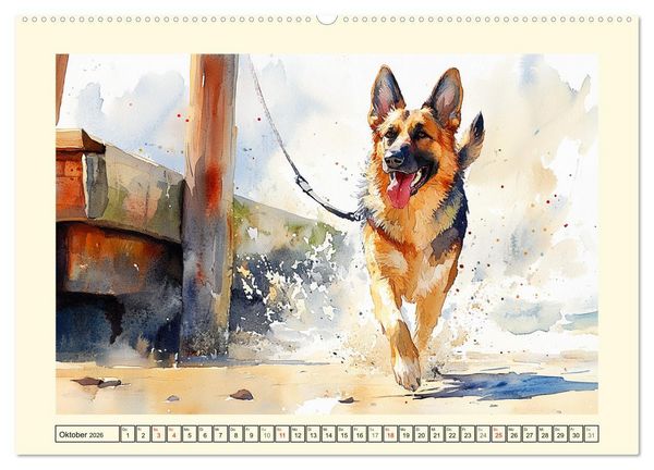 Produktbild: Deutsche Sch&auml;ferhunde. Majest&auml;tische W&auml;chter im Aquarell-Stil (hochwertiger Premium Wandkalender 2026 DIN A2 quer), Kunstdruck in Hochglanz