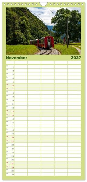 Produktbild: Familienplaner 2027 - Die Rh&auml;tische Bahn - Ein Kurztrip in die Schweiz mit 5 Spalten (Wandkalender, 21 x 45 cm) CALVENDO
