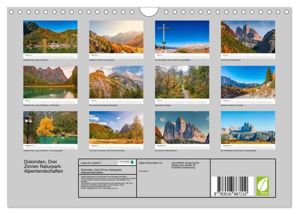 Produktbild: Dolomiten, Drei Zinnen Naturpark: Alpenlandschaften (Wandkalender 2026 DIN A4 quer), CALVENDO Monatskalender