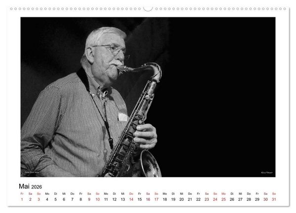 Produktbild: Internationale Meister des Jazz in Schwarzwei&szlig; (Wandkalender 2026 DIN A2 quer), CALVENDO Monatskalender