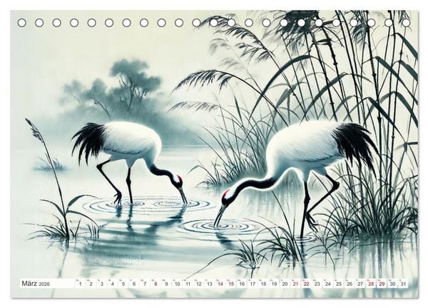 Produktbild: Eleganz der Kraniche - Majest&auml;tische V&ouml;gel in poetischer Tusche (Tischkalender 2026 DIN A5 quer), CALVENDO Monatskalender
