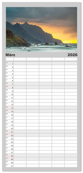 Produktbild: Familienplaner 2026 - Die stille Magie der Insel Teneriffa mit 5 Spalten (Wandkalender, 21 x 45 cm) CALVENDO