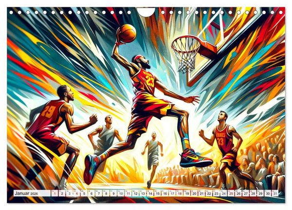 Produktbild: Basketball Expressionismus - Kunstvolle KI Interpretationen des Courts (Wandkalender 2026 DIN A4 quer), CALVENDO Monatskalender