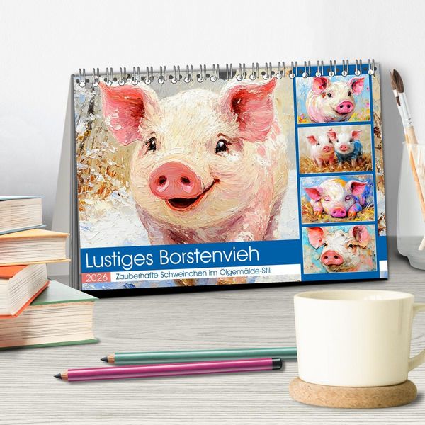Produktbild: Lustiges Borstenvieh. Zauberhafte Schweinchen im &Ouml;lgem&auml;lde-Stil (Tischkalender 2026 DIN A5 quer), CALVENDO Monatskalender
