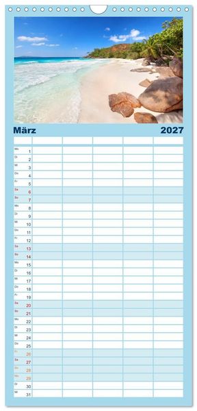 Produktbild: Familienplaner 2027 - Seychellen mit 5 Spalten (Wandkalender, 21 x 45 cm) CALVENDO