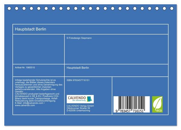 Produktbild: Hauptstadt Berlin (Tischkalender 2026 DIN A5 quer), CALVENDO Monatskalender