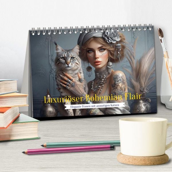 Produktbild: Luxuri&ouml;ser Bohemian Flair - Elegante Frauen mit anmutigen Katzen (Tischkalender 2026 DIN A5 quer), CALVENDO Monatskalender