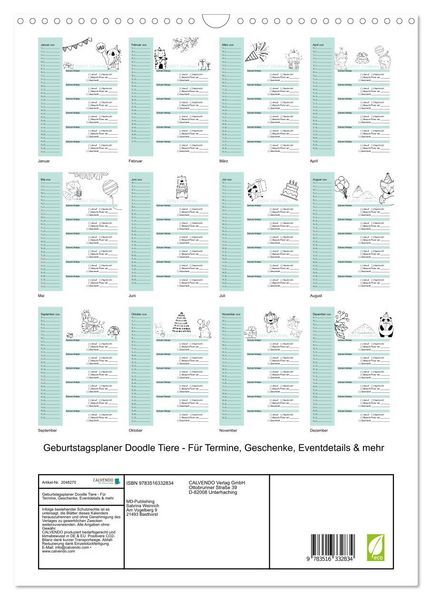 Produktbild: Geburtstagsplaner Doodle Tiere - F&uuml;r Termine, Geschenke, Eventdetails & mehr (Wandkalender 2026 DIN A3 hoch), CALVENDO Monatskalender