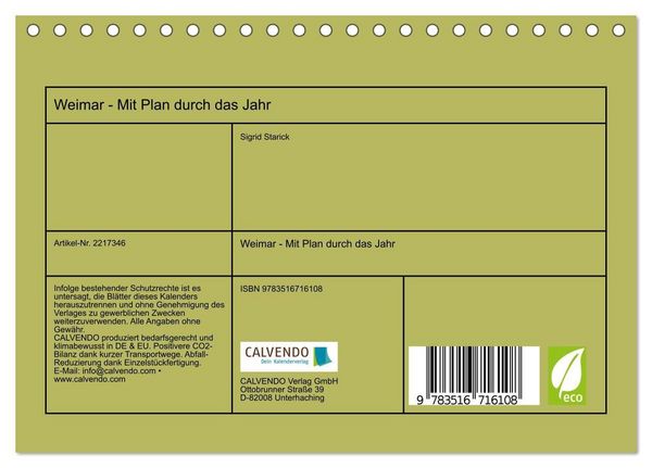 Produktbild: Weimar - Mit Plan durch das Jahr (Tischkalender 2026 DIN A5 quer), CALVENDO Monatskalender