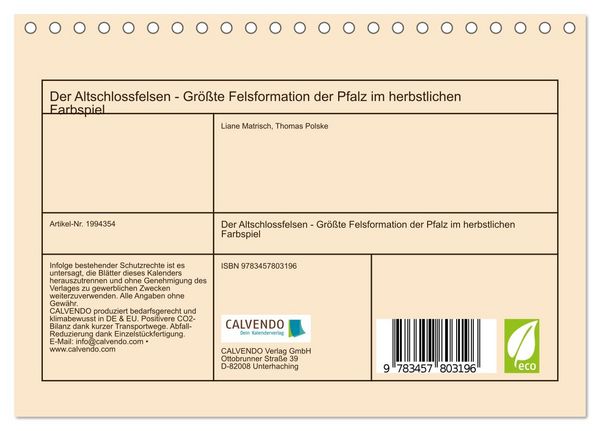 Produktbild: Der Altschlossfelsen - Gr&ouml;&szlig;te Felsformation der Pfalz im herbstlichen Farbspiel (Tischkalender 2026 DIN A5 quer), CALVENDO Monatskalender