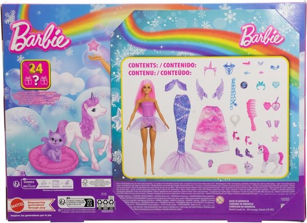 Produktbild: Barbie-Adventskalender mit Modepuppe und 24 Überraschungs-Accessoires mit Einhorn und Tieren