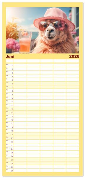 Produktbild: Familienplaner 2026 - Die Welt der Alpakas mit 5 Spalten (Wandkalender, 21 x 45 cm) CALVENDO