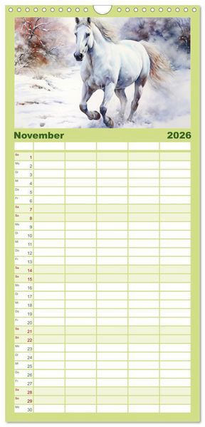 Produktbild: Familienplaner 2026 - Anmutige Schimmel. &Auml;sthetik Aquarell-Pferde mit 5 Spalten (Wandkalender, 21 x 45 cm) CALVENDO