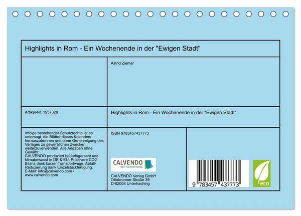 Produktbild: Highlights in Rom - Ein Wochenende in der "Ewigen Stadt" (Tischkalender 2026 DIN A5 quer), CALVENDO Monatskalender
