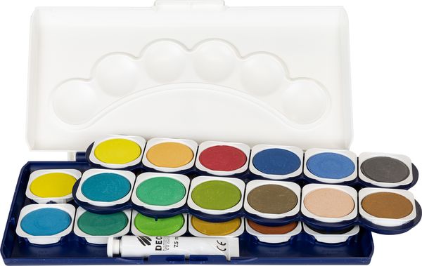 Produktbild: Stylex Deckfarbkasten 24 Farben mit 1 Tube Deckwei&szlig; und 6 integrierte runde Mischfelder