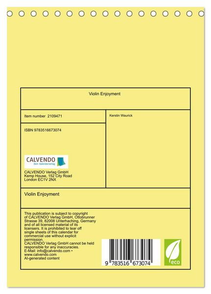 Produktbild: Violin Enjoyment (Desk Calendar 2026 DIN A5 portrait), CALVENDO 12 Month DeskCalendar