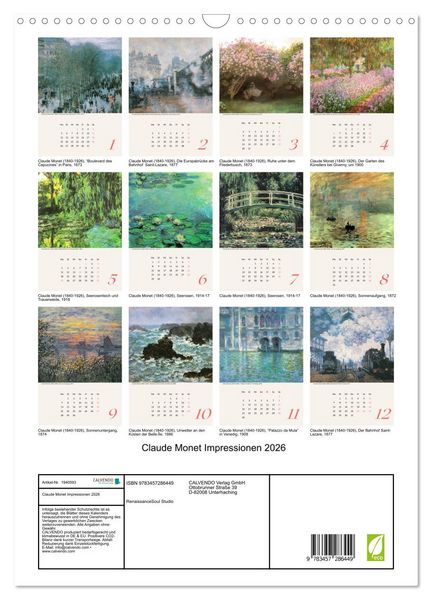 Produktbild: Claude Monet Impressionen 2026 (Wandkalender 2026 DIN A3 hoch), CALVENDO Monatskalender