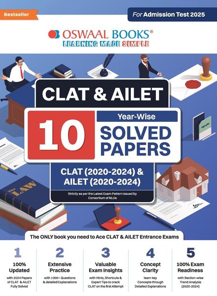 Oswaal CLAT & AILET 10 Previous Years Solved Papers - Year-Wise | CLAT (2020 -2024) & AILET (2020 - 2024) For Admission 