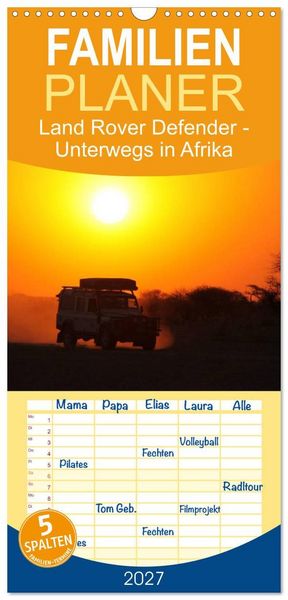 Produktbild: Familienplaner 2027 - Land Rover Defender - Unterwegs in Afrika mit 5 Spalten (Wandkalender, 21 x 45 cm) CALVENDO