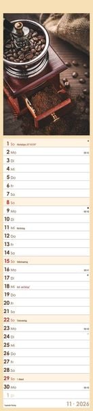 Produktbild: Küchenplaner Kaffee 2026 - Streifen-Kalender 11,3x49x5 cm - Kaffeekalender - mit leckeren Rezepten - Wandplaner - Küchenkalender - Alpha Edition