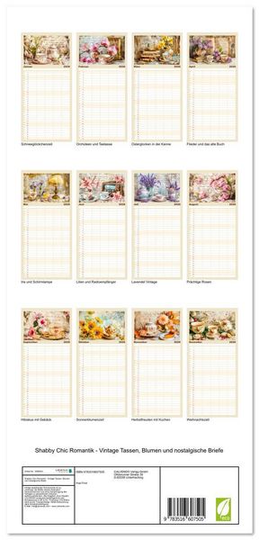 Produktbild: Familienplaner 2026 - Shabby Chic Romantik - Vintage Tassen, Blumen und nostalgische Briefe mit 5 Spalten (Wandkalender, 21 x 45 cm) CALVENDO